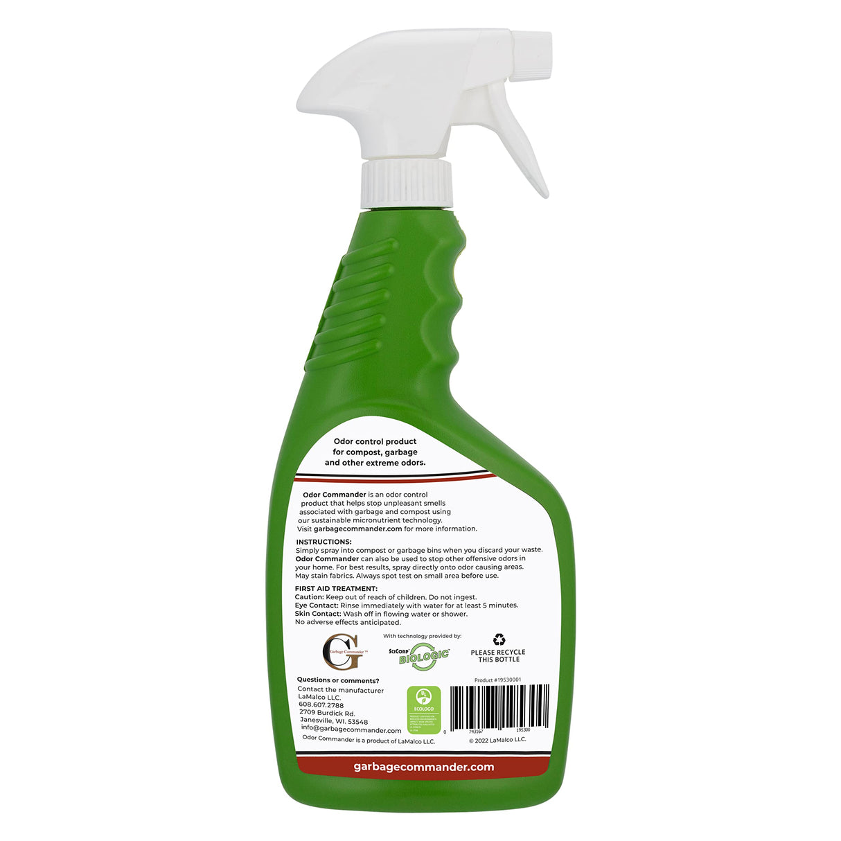 Garbage Commander Odor Commander, Odor Control Spray Bottle, 22 Ounce, Lemongrass Scent -Proudly Made in Canada
