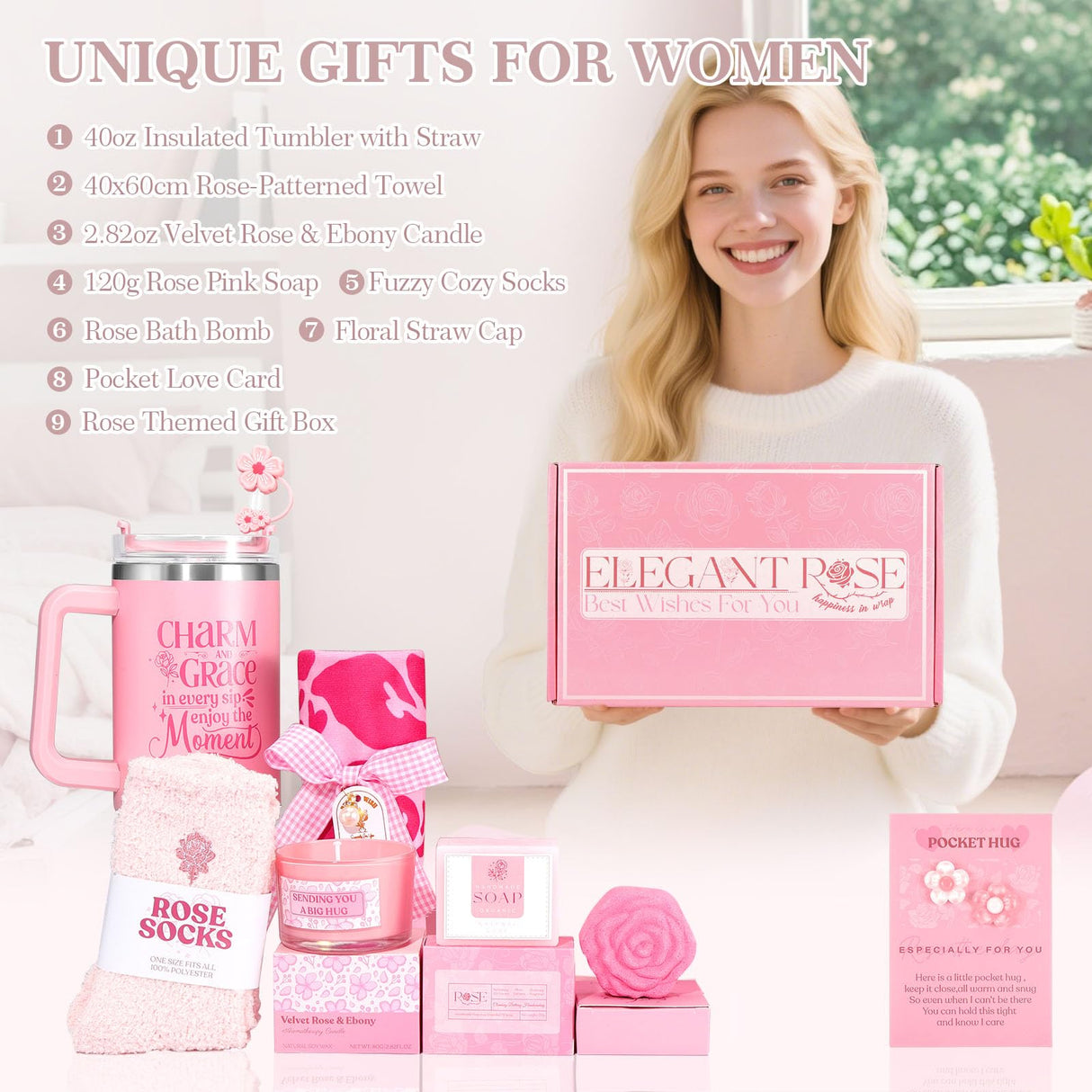 Birthday Gifts for Women Self Care Gift - Get Well Soon Gift Christmas Gifts - Rose Relaxing Spa Gift Basket Self Care Package for Women,Best Friend,Girlfriend,Wife,Mom,Sister,Her w/ Insulated Tumbler