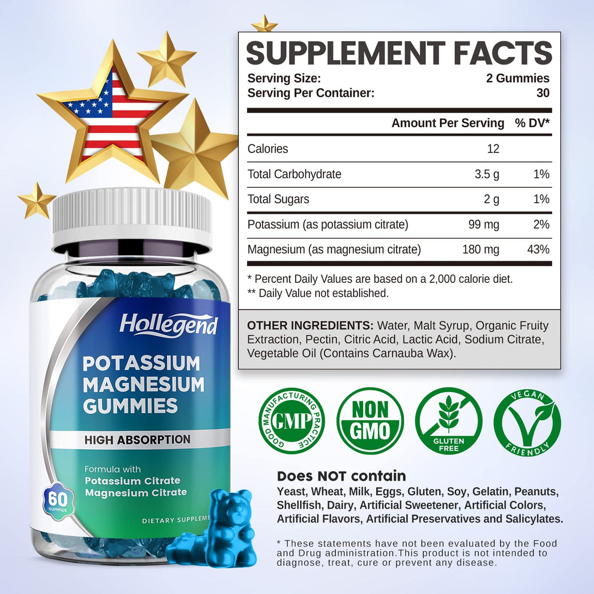 HOLLEGEND Potassium Magnesium Gummies, High Absorption Potassium Citrate 99mg Magnesium Citrate 180mg, Chewable Gummy Supplements for Leg Cramps & Muscle, 120 Count