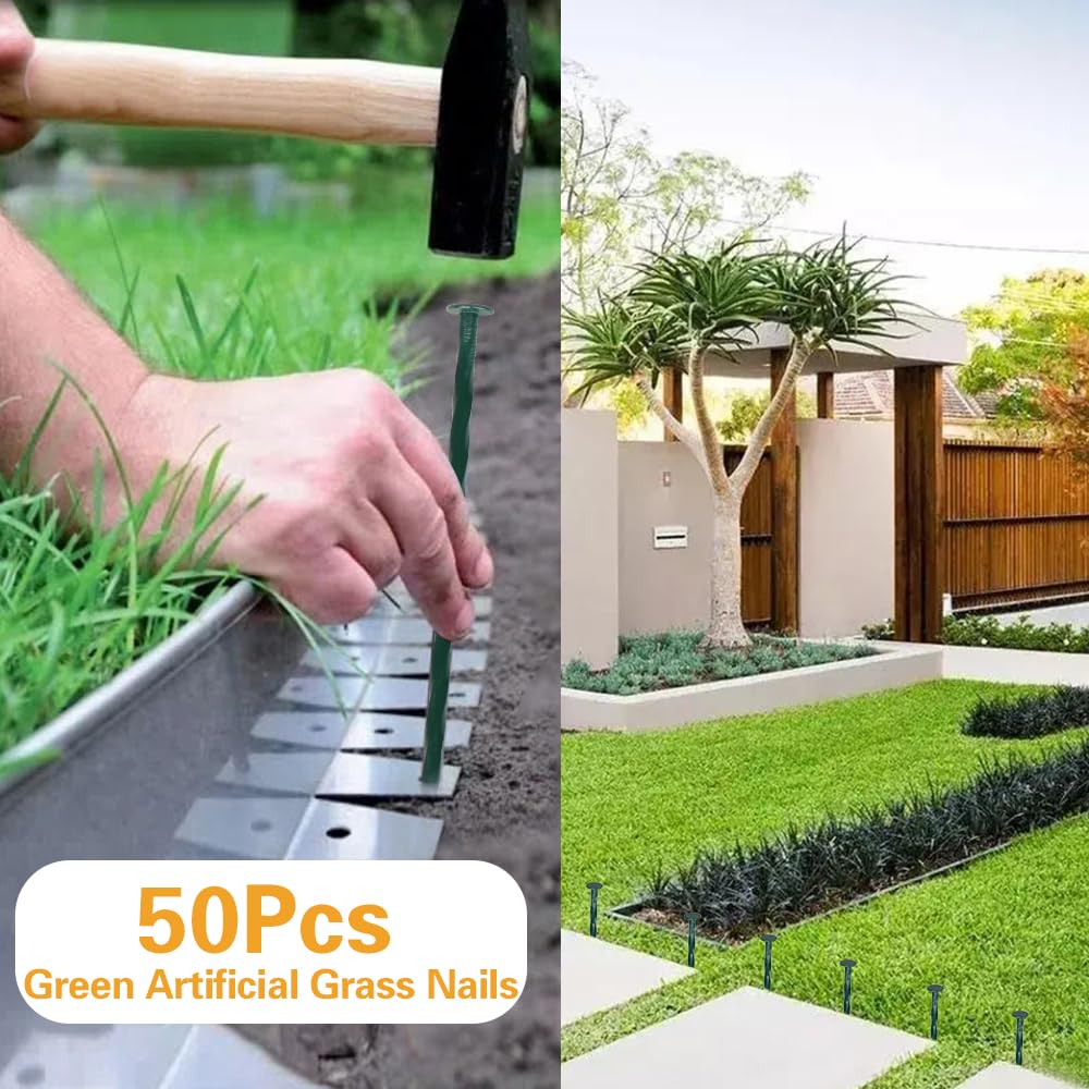 Bakulyor 100 Pack Metal Landscape Stakes, 6 Inch Artificial Turf Spikes, 6 Gauge Large Landscaping Nails, Green Edging Anchoring Staple for Garden Ground Grass Lawn Paver Timber Border Weed Barrier 6"