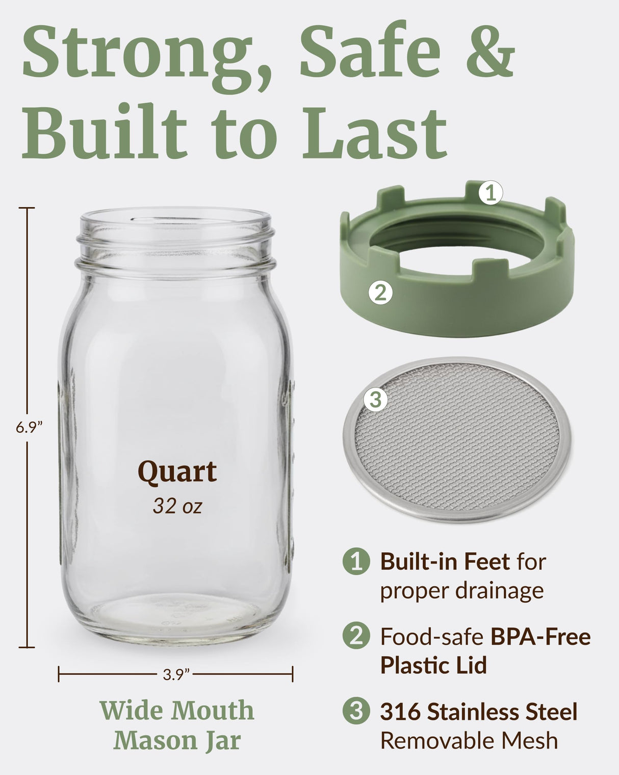 Elementi Sprouting Jar Kit - Set of 2 Wide Mouth Mason Jars with Sprout Lids & Stainless Steel Mesh Screen - Seed Sprouting Kit & Sprout Jars for Growing Broccoli Sprouts, Alfalfa, Mung Bean Sprouter