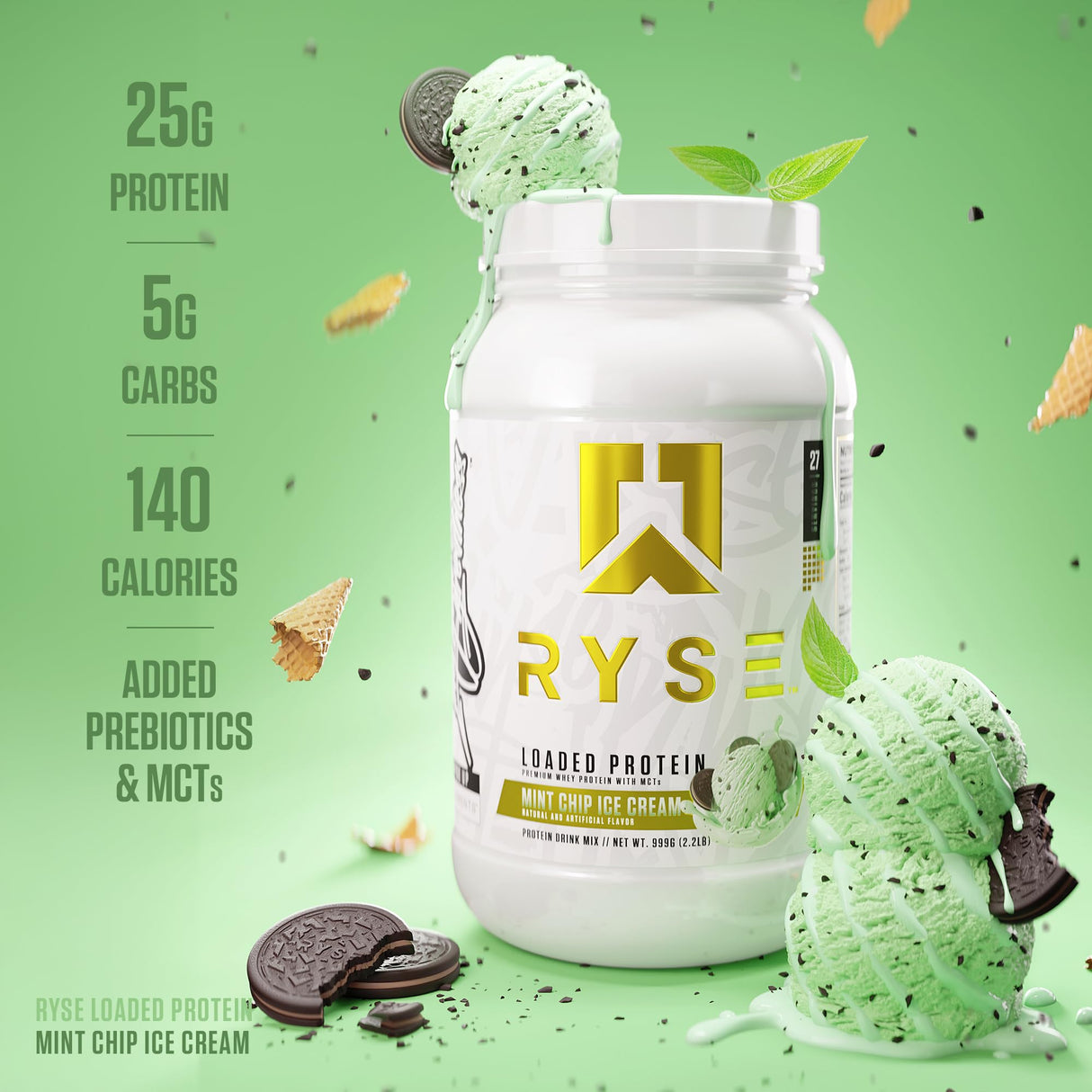 RYSE Loaded Protein Powder - Mint Chip Ice Cream - 25g Whey Protein Isolate & Concentrate with Prebiotic Fiber & MCTs - Low Carb, Low Sugar, Digestive-Friendly - 27 Servings / 2 lb Tub