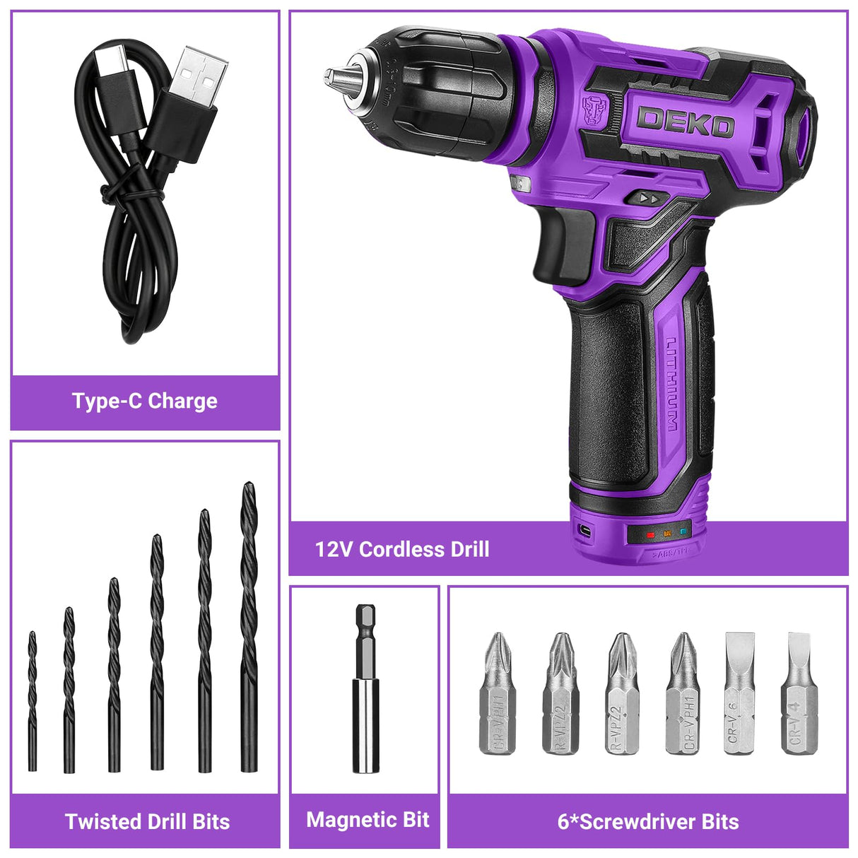 Cordless Drill:DEKOPRO 12V Power Drill Set 800RPM Electric Drills Small Drills with 3/8-inch Keyless Chuck and Portable Tool Set Gift Box (Purple)