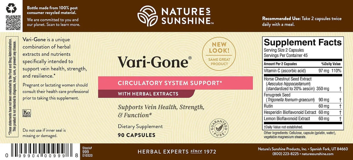 Nature's Sunshine Vari-Gone, 90 Capsules, Varicose Vein Supplements with 7 Powerful Herbs and Nutrients That Support Circulation for Vein Health, Strength, and Function