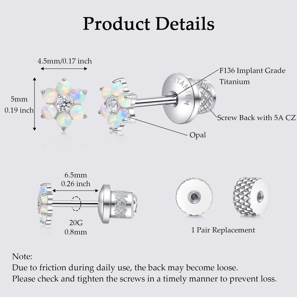 Limerencia Titanium Flat Back Screw Back Stud Earrings for Women Men