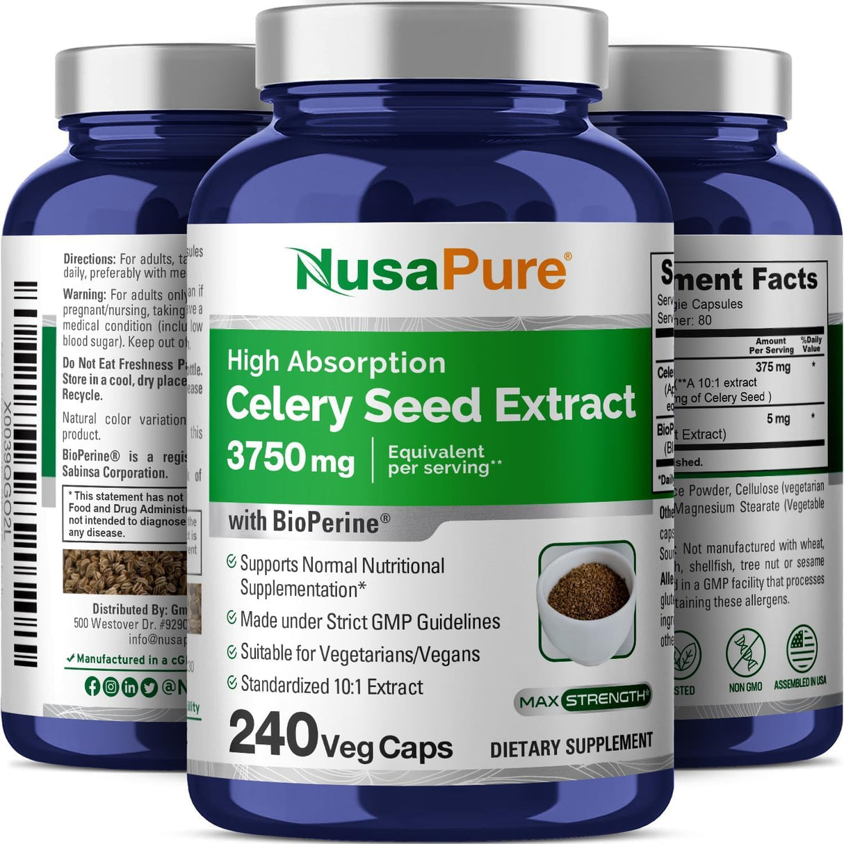 NusaPure Celery Seed Capsules 10:1 Extract, 375 mg Equivalent to 3750mg, 240 Veggie Caps, Non-GMO, Vegan