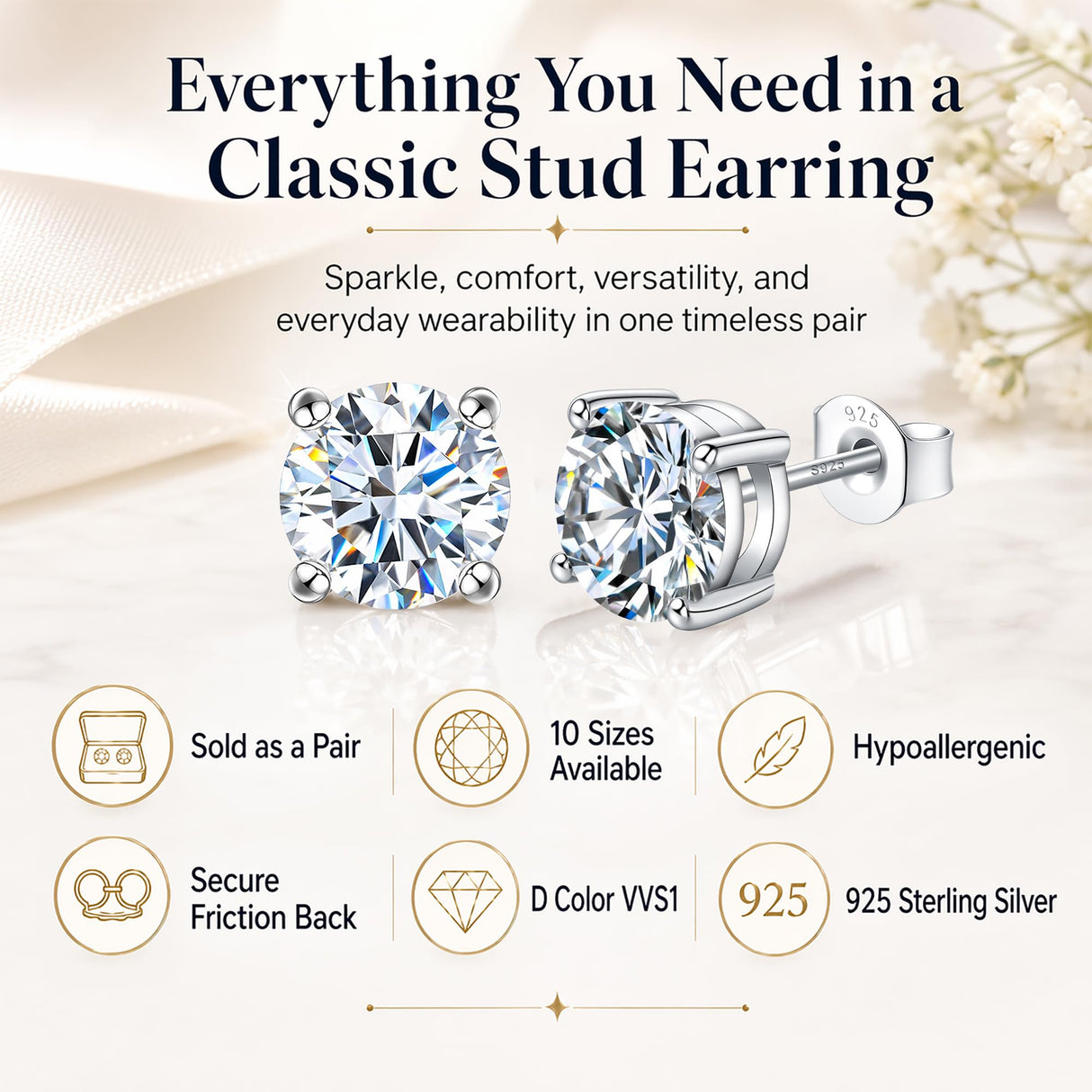 Impalsory 1CT Moissanite Stud Earrings for Women and Men, 6.5mm, 4 Prong