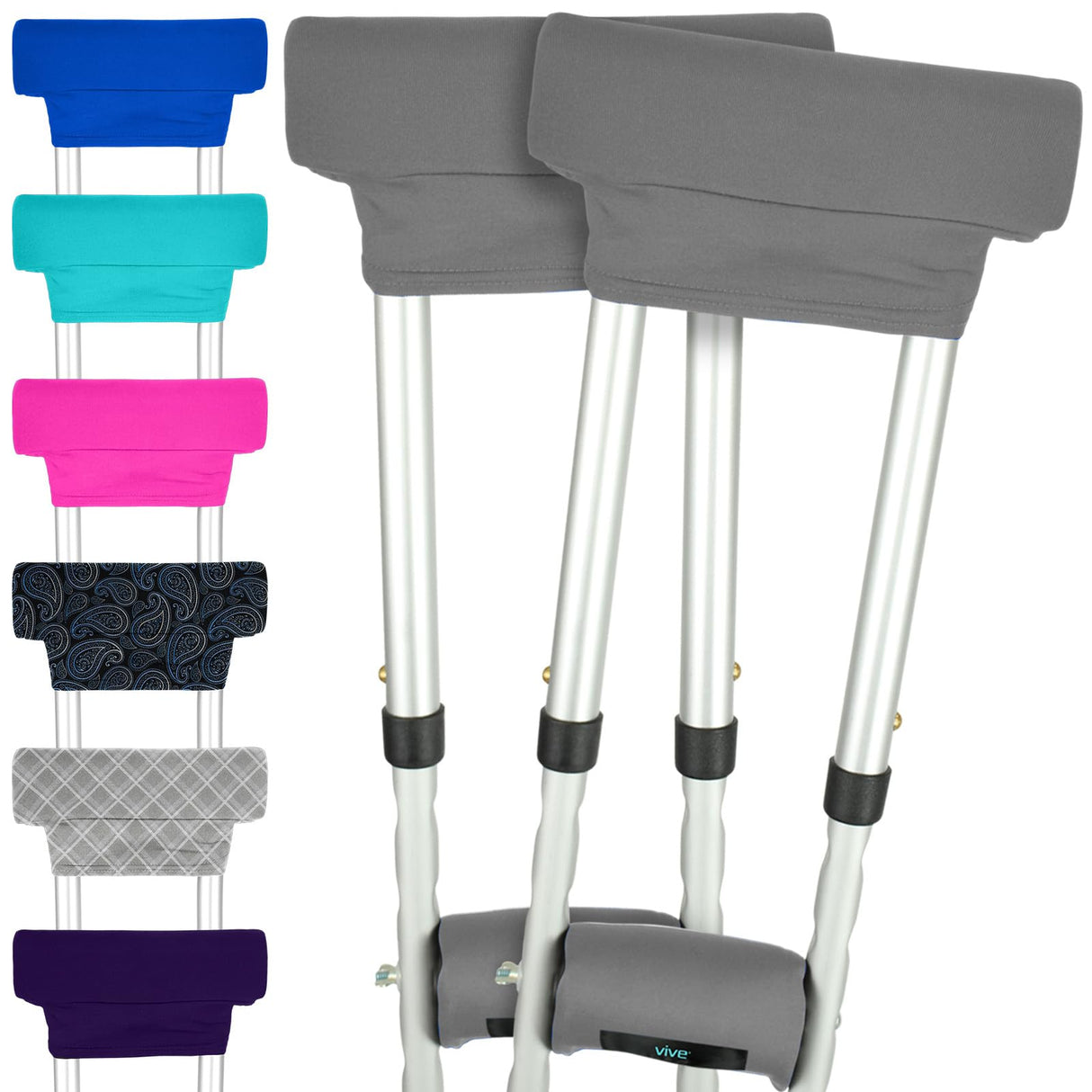 Vive Crutch Pads & Hand Grips - Padding for Walking Arm Crutches - Universal Underarm Padded Forearm Handle Pillow Covers for Hand Grips - Soft Foam Armpit Accessories for Adults, Kids (Gray)