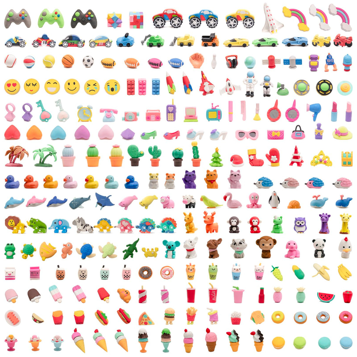 CLOCK KING 240pcs 3D Cute Kids Erasers, Random Desktop Pet Toys Gifts, Classroom Rewards Kids Party Gifts, Various Styles Such as Animals, Food, Plants, Space, Princess, Sports, Halloween, Christmas