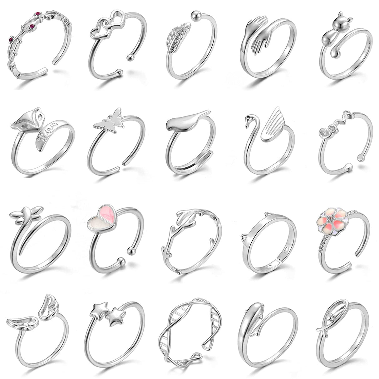 TAMHOO 20 Pcs Adjustable Rings Set for Women - Finger Rings Pack Stackable Rings for Teens- Cute Rings for Teen Girls -in Gold and Silver Tone (#2-silver tone)