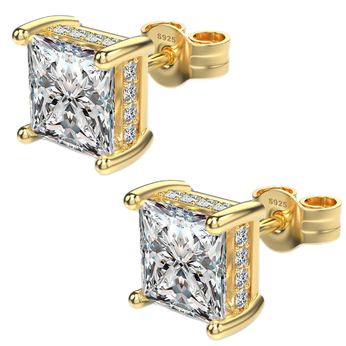 Princess Cut Square Cubic Zirconia Stud Earrings for Men (7MM, Gold)