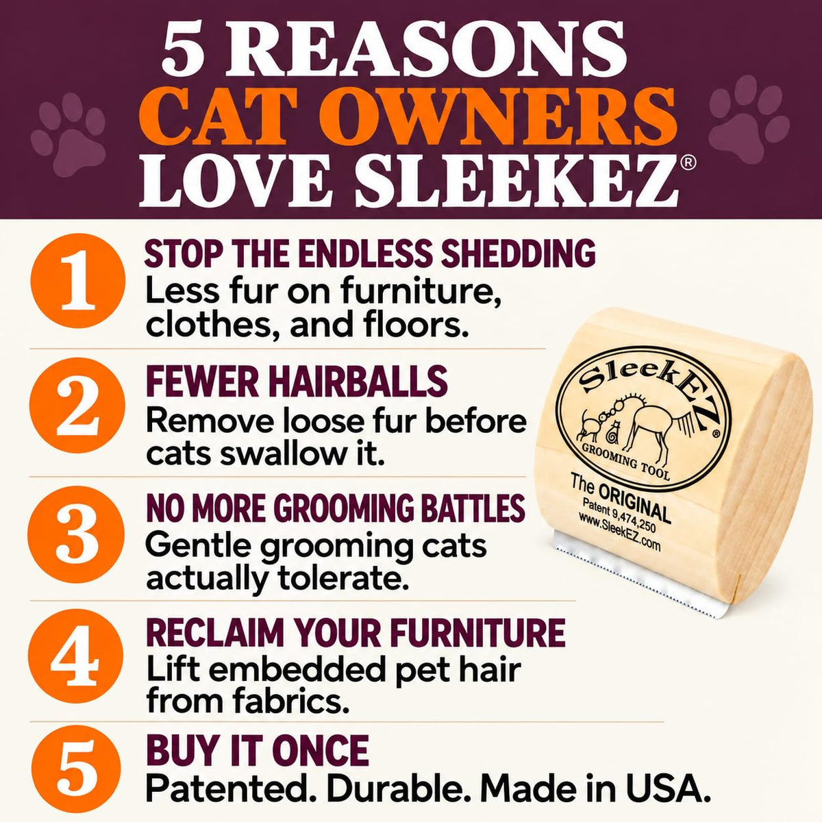 SleekEZ Cat Brush for Shedding - Deshedding Brush for Cats - Patented Grooming Tool for Removing Loose Fur, Undercoat & Hair - Made in USA - Works on Short, Medium & Long Coats