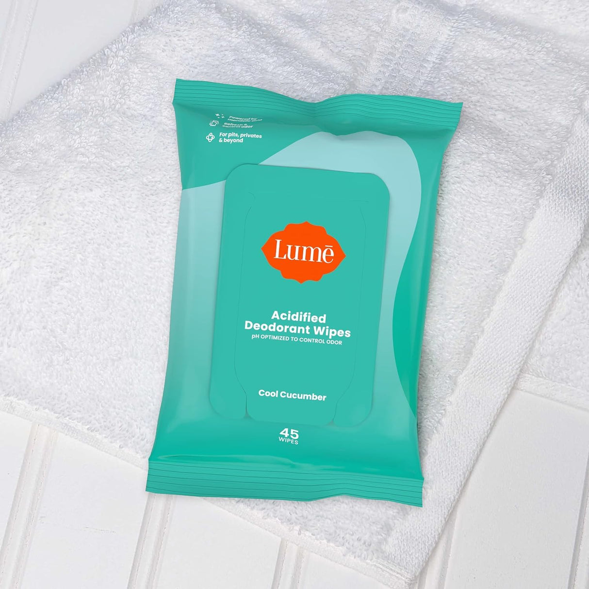 Lume Acidified Deodorant Wipes - 24 Hour Odor Control - Aluminum Free, Baking Soda Free, Skin Loving - 45 Count (Pack of 3) (Cool Cucumber)