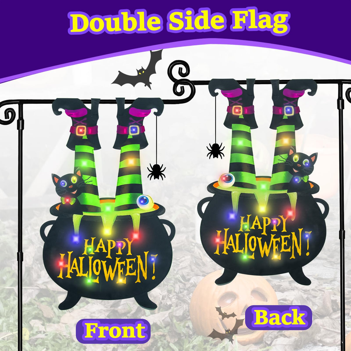 FLAGMESAGE Halloween Lighted Garden Flag, Witch Feet Yard Decor, 12x18 In
