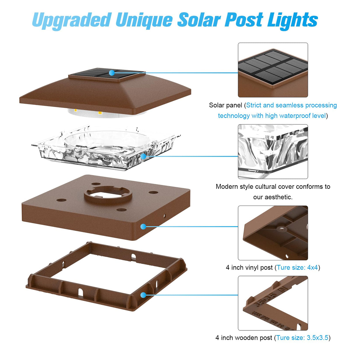 VOLISUN 4x4 Solar Post Cap Light 16pack,Solar Fence - Post Lights Brown Outdoor Waterproof for Wooden/Vinyl Post, with Warm White for Deck