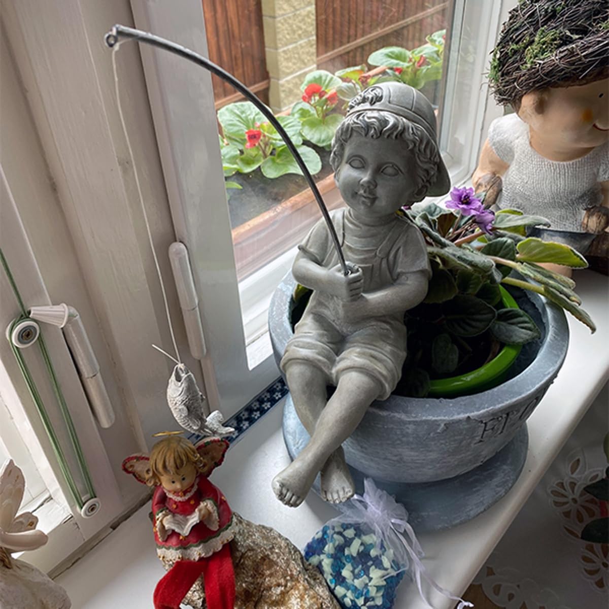 Goodeco Fisherboy Statue Garden Decor - 11" Little Fishing Guy for Koi Pond or Waterfalls, Poolside Statue with Glow in Dark Pebbles Included, Great Gifts for Mom, Women or Birthdays, Gift Ideas