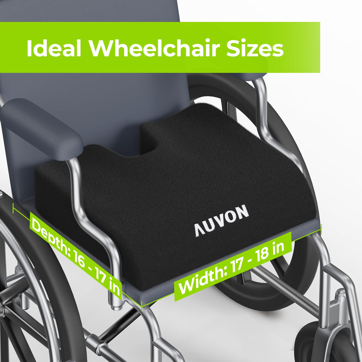 AUVON Wheelchair Seat Cushions (18"x16"x3") for Sciatica, Back, Coccyx, Pressure Sore and Ulcer Pain Relief, Memory Foam Pressure Relief Cushion with Removable Strap, Breathable & Waterproof Fabric