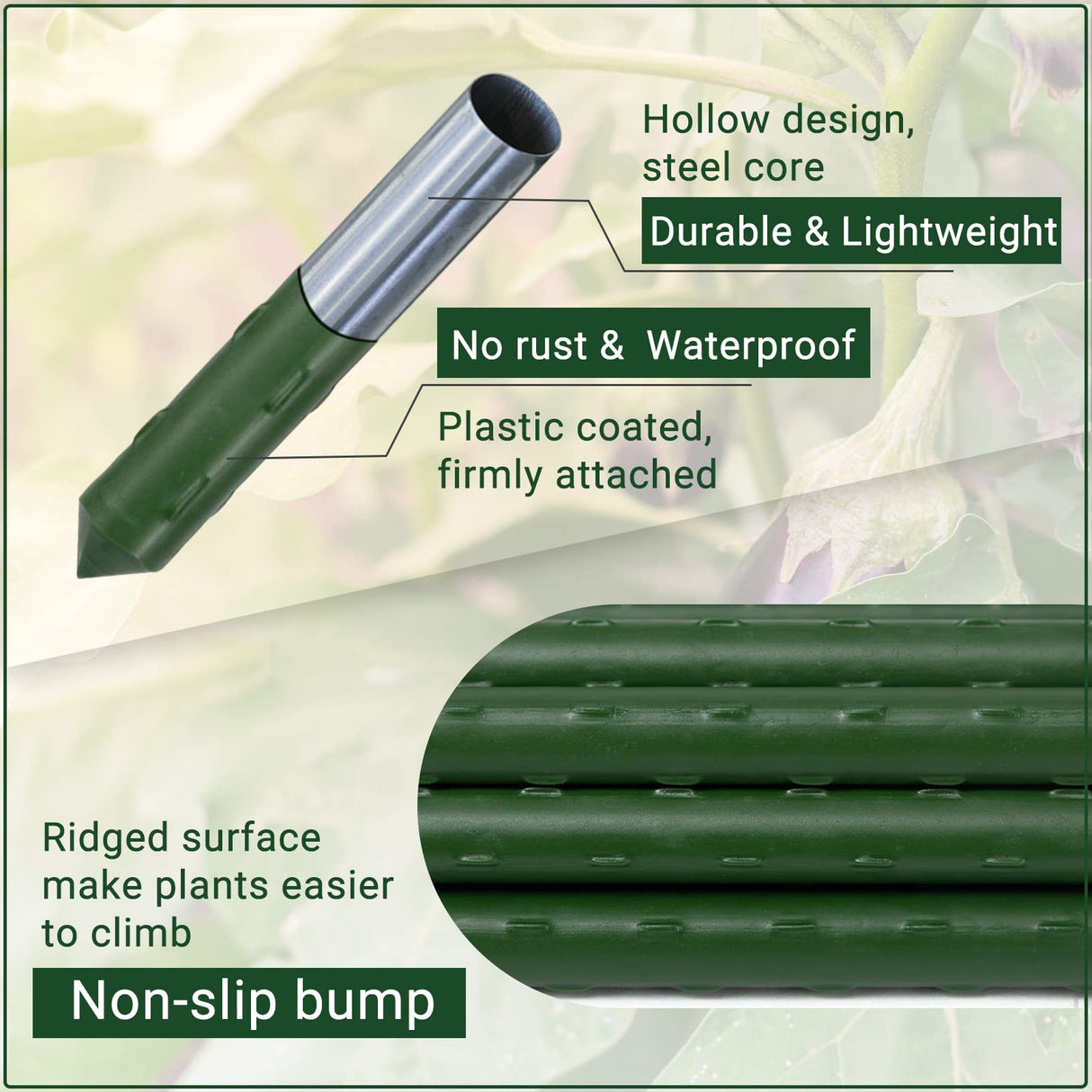 ROMODEN Garden Stakes 48'' Plant Sticks, 50PCS Plastic Coated Steel 4ft Plant Stakes Support for Growing Climbing Plants, Tomato Stakes Gardening Supplies