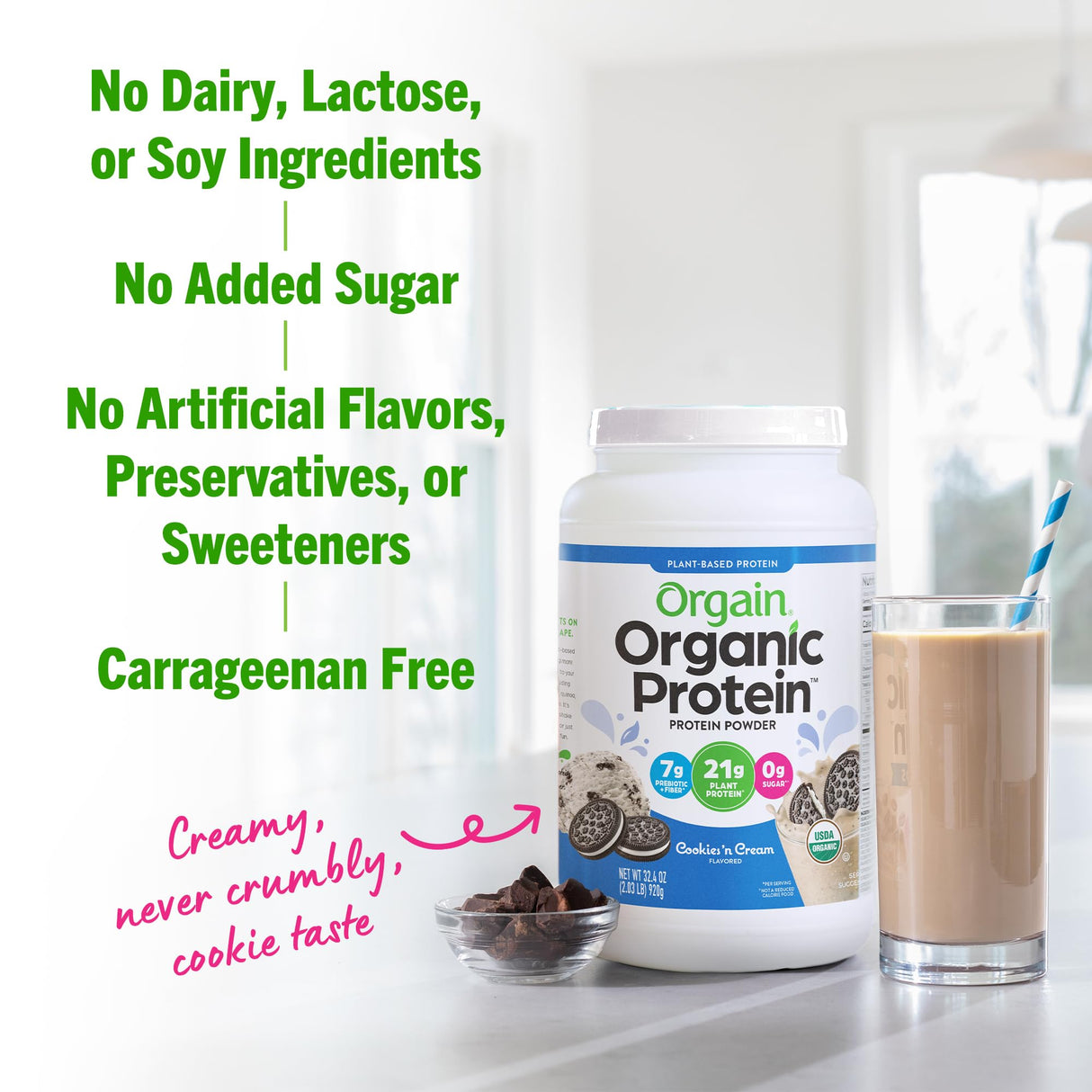 Orgain Organic Vegan Protein Powder, Cookies 'n Cream - 21g of Plant Based Protein, Low Net Carbs, Gluten Free, Lactose Free, No Sugar Added, Soy Free, Kosher, Non-GMO, 2.03 Lb