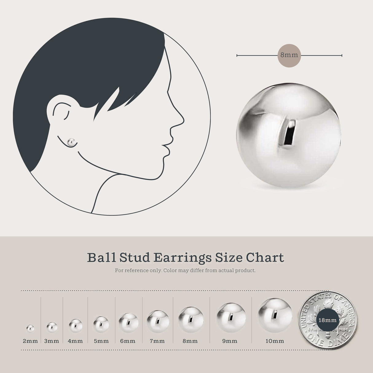 KEZEF 925 Sterling Silver Ball Stud Earrings for Women, 8mm