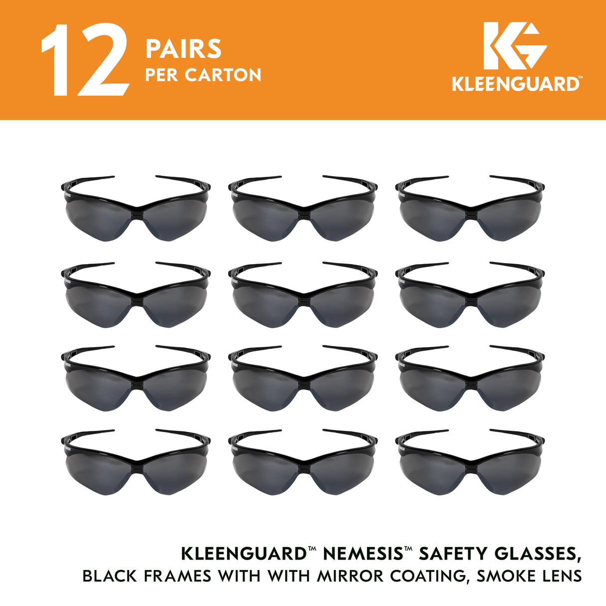 KleenGuard™ V30 Nemesis™ Safety Glasses (25688), with Mirror Coating, Smoke Lenses, Black Frame, Unisex Sunglasses for Men and Women (Qty 12)