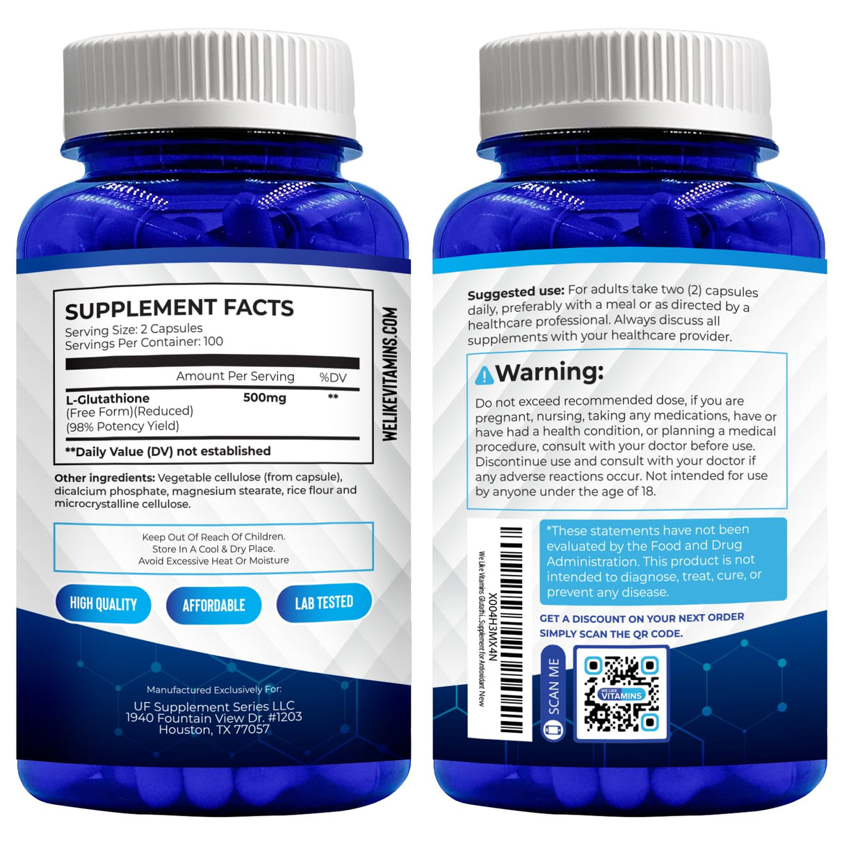 We Like Vitamins | NSF Certified Glutathione Supplement | Manufactured in USA | Highly Bioavailable | L-Glutathione Antioxidant Support|500mg Per Serving | 200 Capsules