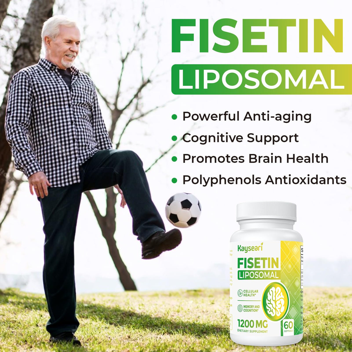 Kayseari Fisetin 1200mg Liposomal Fisetin Supplements 98% Pure Fisetin Polyphenols Antioxidants Immunity Health Aging Cognitive Support Non-GMO 60 Capsules