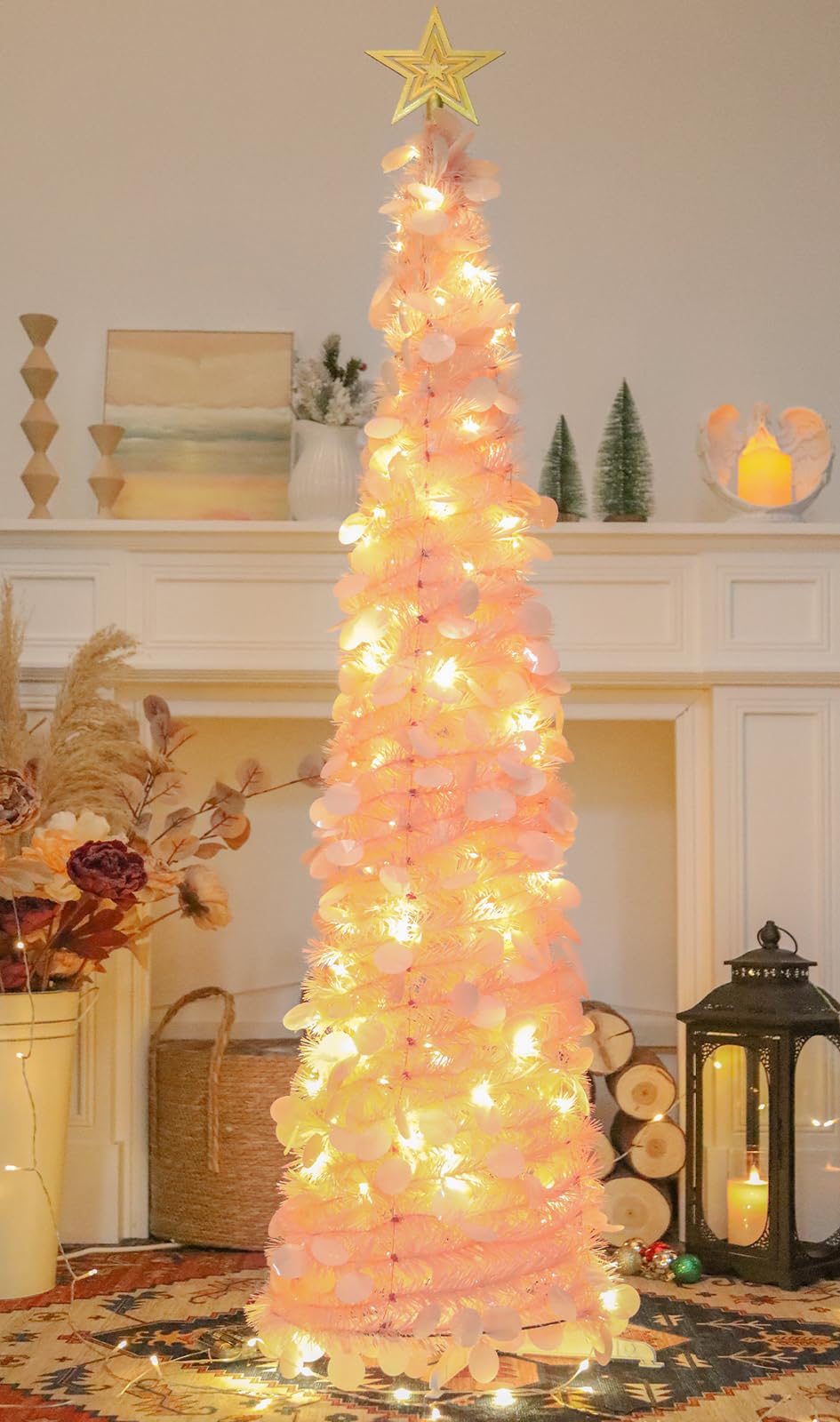 HMASYO 5 FT Pop Up Christmas Tree with Timer Lights, Pink Christmas Tinsel Tree, Collapsible Artificial Pencil Christmas Tree for Indoor Home Apartment Porch Holiday Party Decorations