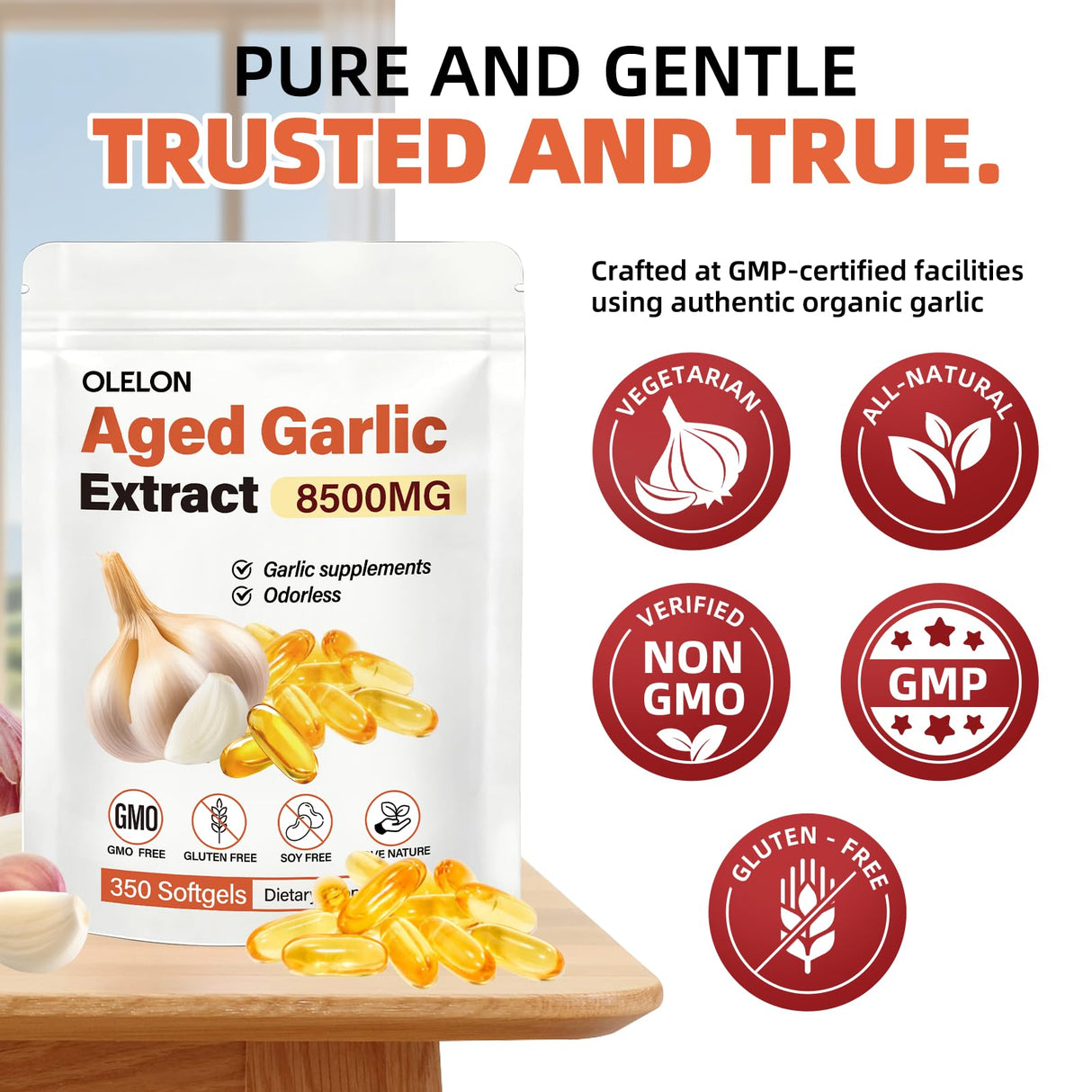OLELON Aged Garlic Extract 350 Softgels - High Potency, Odorless, Non-GMO & Organic Garlic Supplement for Heart Health, Immune Support & Antioxidant Benefits