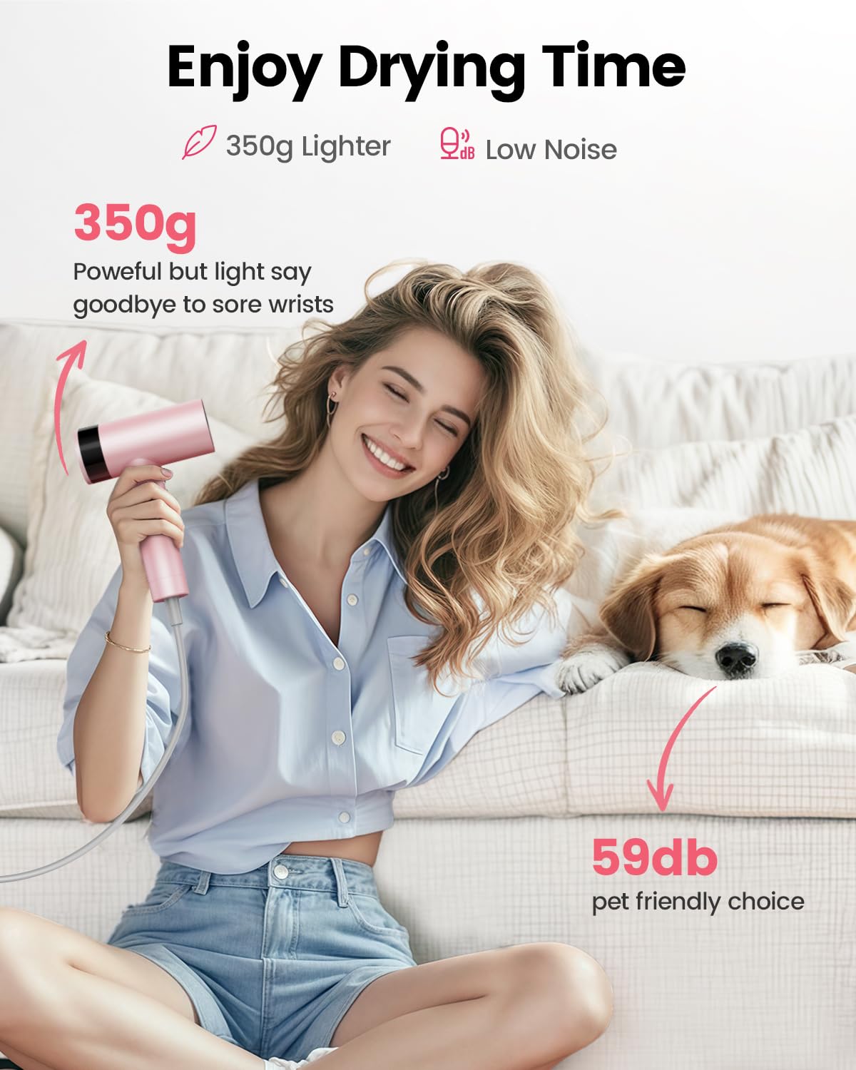 Dekuri Hair Dryer, 110,000 RPM High-Speed Fast Drying Blow Dryer, 200 Million Ionic Lightweight Hairdryer with Diffuser, Magnetic Nozzle, 4 Temps & 3 Speeds, Low Noise for Women & Men (Pink)