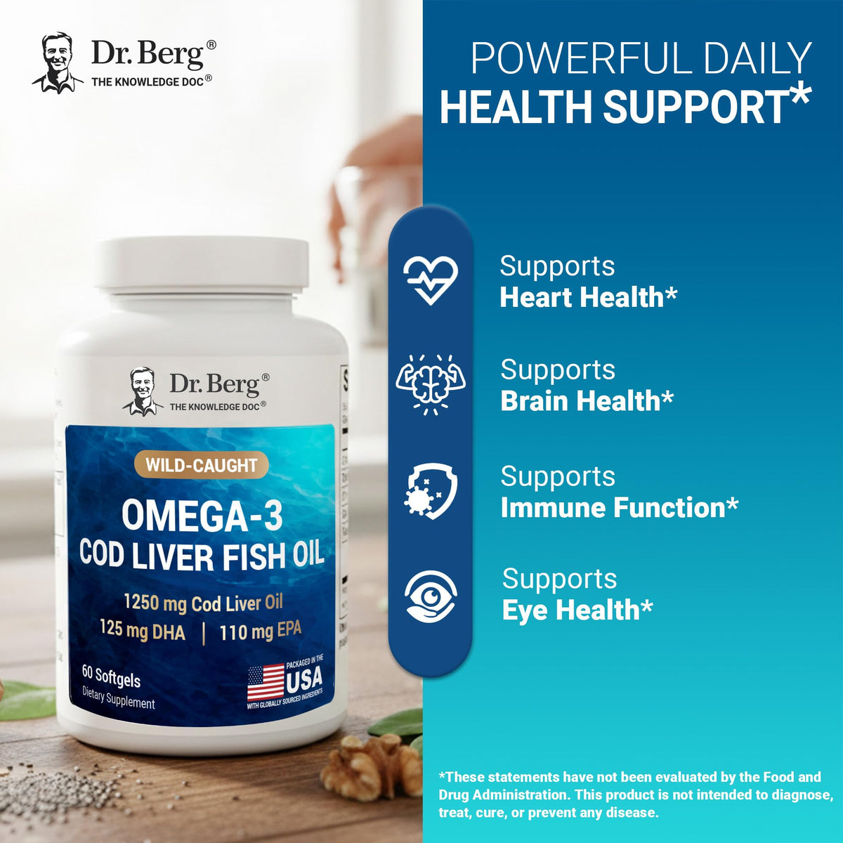 Dr. Berg Omega-3 Cod Liver Fish Oil 60 Softgels – Wild-Caught Icelandic Cod – Omega 3 EPA & DHA – Heart, Brain, Immune & Eye Support* – Lemon Flavor – 4X Lab-Tested – Non-GMO, No Fillers