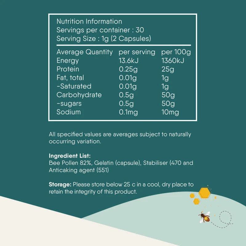 NatureBee Power Pollen 60 x 500mg Caps | Energy, Immune, and Cognitive Support | Potentiated Bee Pollen | Natural & Organic Superfood | 1 Month Supply