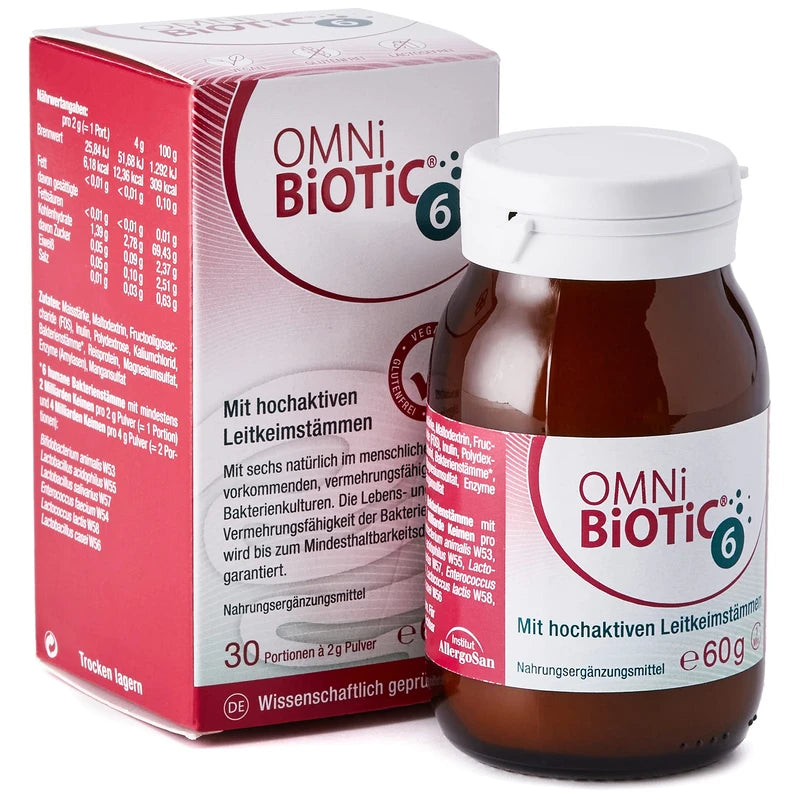 OMNi BiOTiC 6 | Glass | 30 Servings (60g) | 6 Bacterial Strains | 4 Billion Germs per Daily Dose | Powder | With Inulin | Vegan | Gluten Free | Lactose Free | For Daily Use