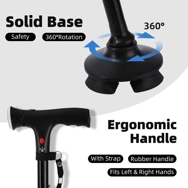 Folding Cane With Led Light And Alarm, With Side Handle, Folding, Adjustable Cane Suitable For Arthritis Disabled And Elderly, Cane With Cushioned T Handle And Swivel Four Pedestal, WalkingCanes,Black