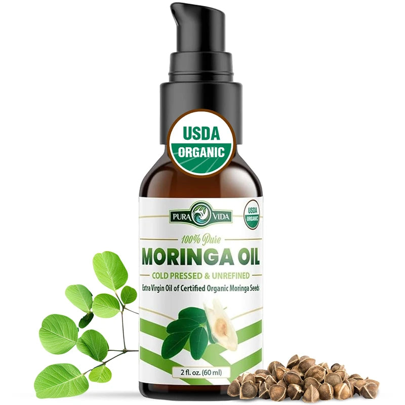 PURA VIDA MORINGA USDA Organic Moringa Seed Oil: 100% Pure, Cold Pressed, Unrefined Moringa Oleifera Seed Oil. 2 oz Bottle with Treatment Pump. For Skin and Hair - Food Grade for Oral Consumption