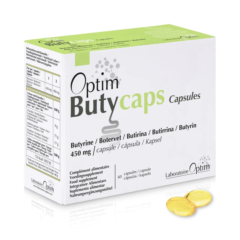 Optim Butycaps 60 Capsules - Liquid Butyrin 450 mg - Butyric Acid Butyrate - Transit, Colon & Leak Bowel - Dietary Supplement