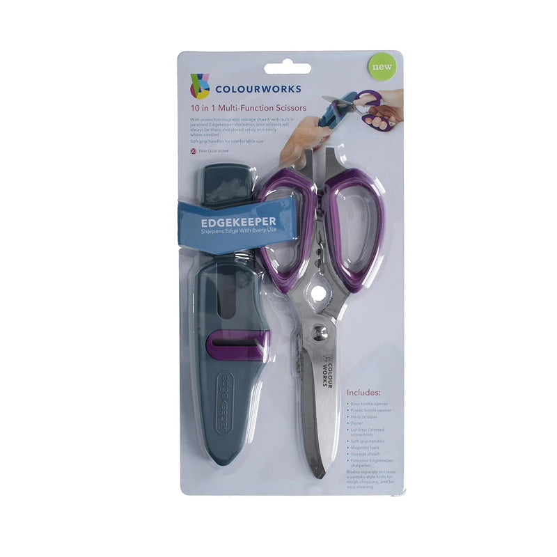 Colourworks 10 in 1 Multifunction Kitchen Scissors with Built-In Edgekeeper Scissor Sharpeners, Bottle Openers, Zester and More, Stainless Steel, Plum, 23 cm