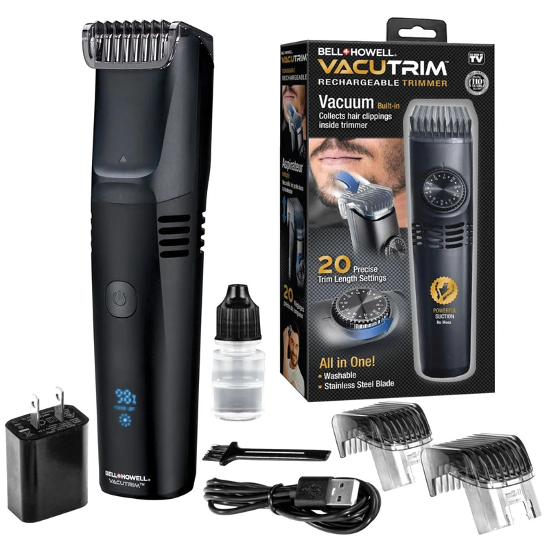 Bell+Howell Vacutrim Deluxe Cordless Mens Beard Trimmer, Rechargeable Electric Shaver with 20 Trim Setting and Built-in Vacuum for Mustache, Sideburns. Facial Hair, Black, 7.5", As Seen On TV