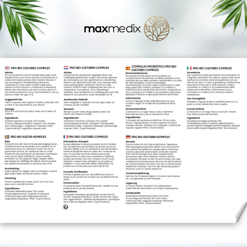 maxmedix Probiotic Complex 60 Billion CFU/Portion 120 Vegan Capsules, Intestinal Flora Probiotic, Lactobacillus Gasseri, Lactobacillus Rhamnosus, Lactic Ferments-20 Strains Microbiota Balance