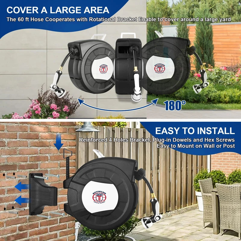 Retractable Garden Hose Reel by BSTOKCAM, 5/8" x 66ft Hybrid Rubber Hose, Water Hose Reels Automatic Rewind Storage, 10 Patterns Nozzle Included