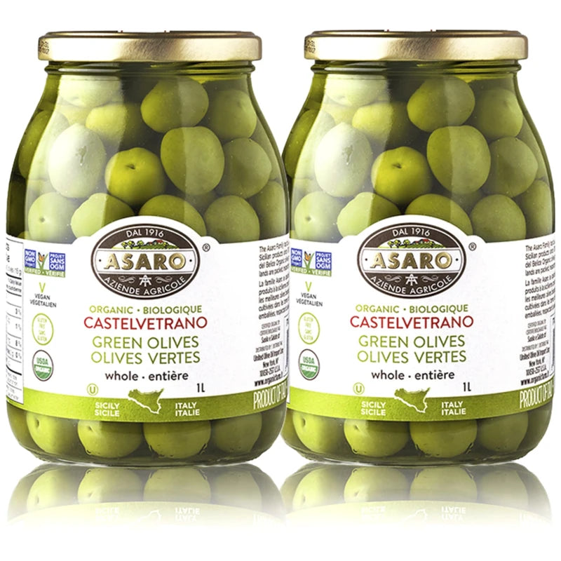 Organic Olives |ASARO Organic Castelvetrano Green Pitted Olive Is GMO FREE, GLUTEN FREE, VEGETARIAN, VEGAN & Keto Friendly Olives Good for Healthy Snacks On the Go, Salad and Cocktails Bundled with BETRULIGHT Fridge Decal - 19 OZ Glass Jar ( Pack of 2 )