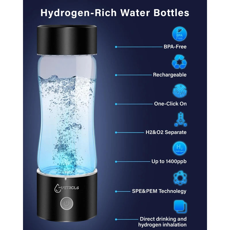 Hydrogen Water Bottle 2024, Hydrogen Water Bottle Generator with SPE PEM Technology Water Ionizer, Hydrogen Water Machine Improve Water in 3 Minutes for Home, Office, Travel, Daily Drinking(Black)