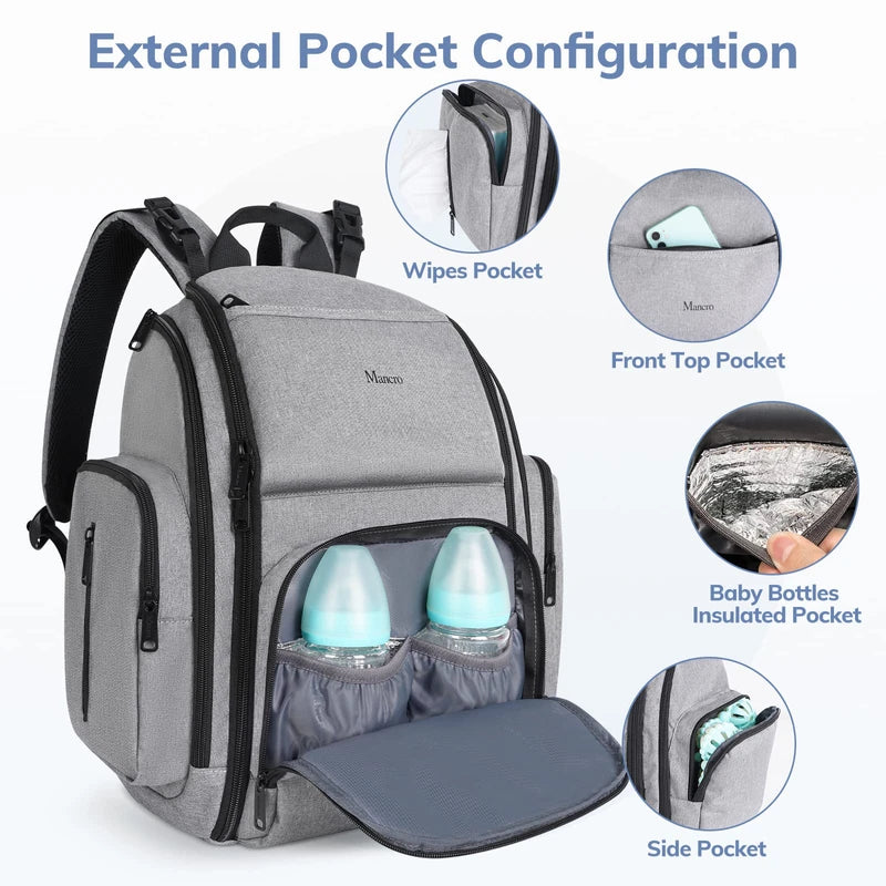 Mancro Diaper Bag Backpack, Large Multifunction Waterproof Travel Baby Changing Bag for Dad Mom with 4 Insulated Pockets and Stroller Straps, Maternity Baby Bag for Boys Girls, Grey