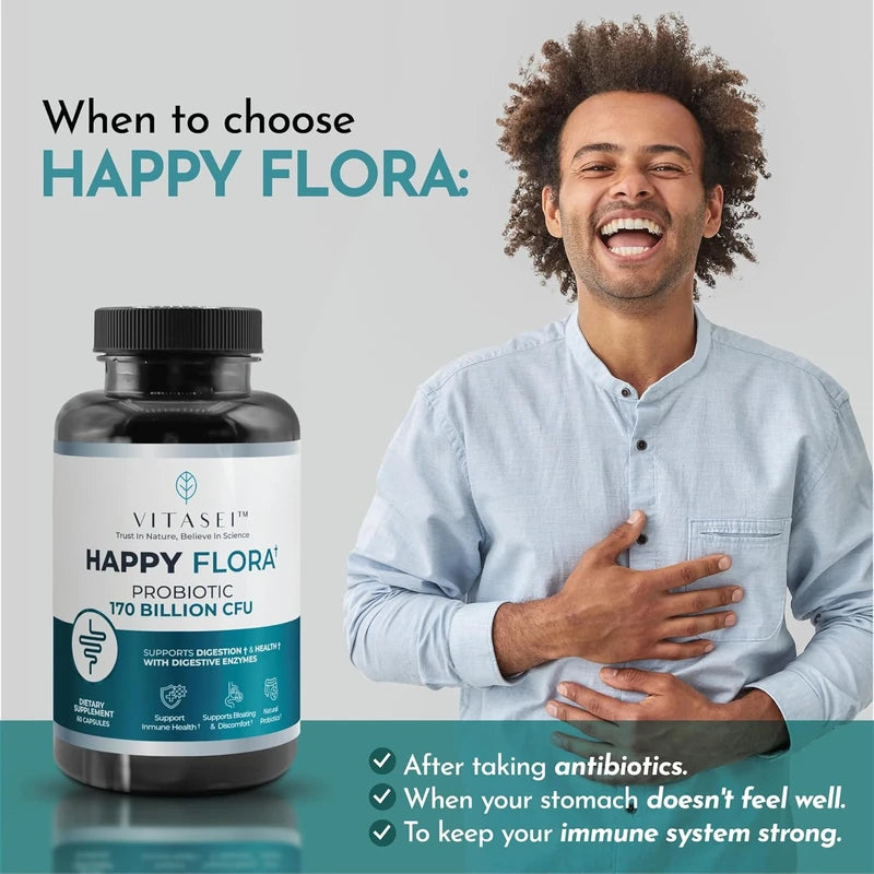 Happy Flora, Probiotic Supplement 170 Billion CFU for a Healthy Gut Health with enzymes for Digestion, probiotics for Women and Men, 1 Bottle - 60 Capsules