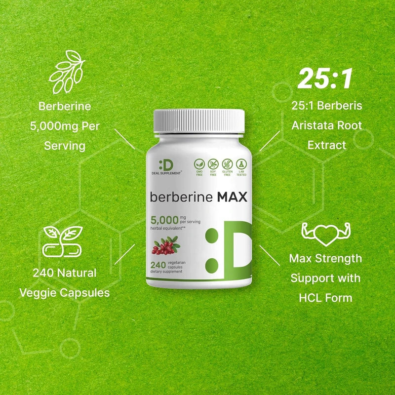 Berberine Max Supplement, 5,000mg Per Serving, 240 Veggie Capsules – 97% Pure Berberine HCL – 25:1 Root Extract – Vegetarian Friendly, Non-GMO