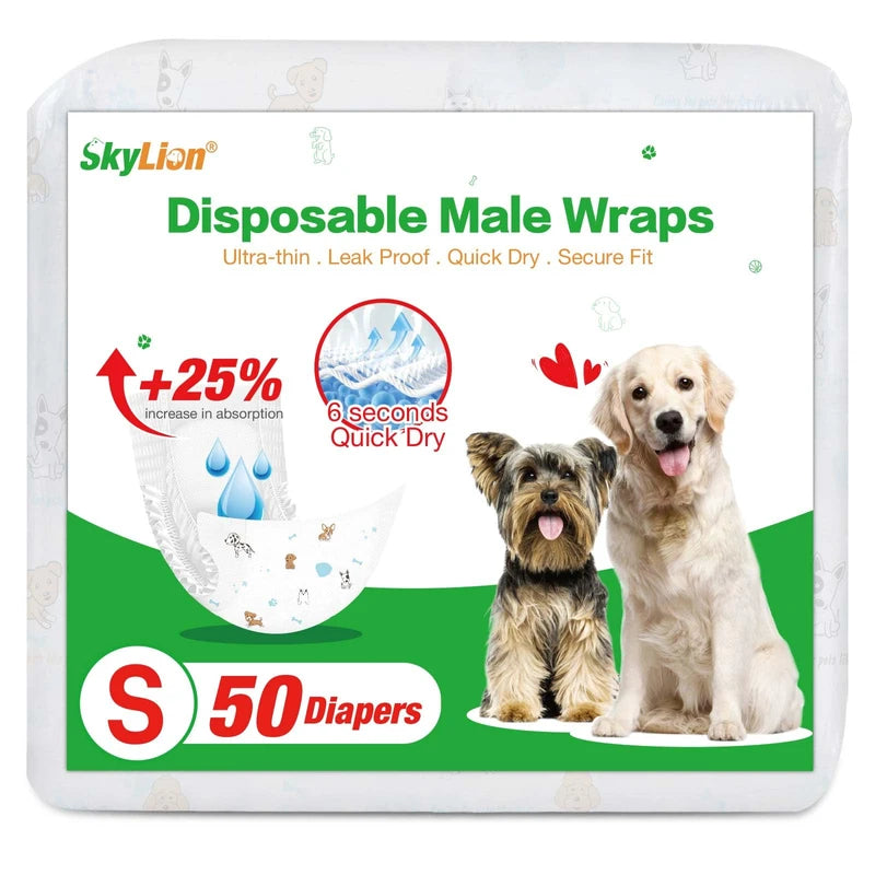 Dog Diapers Male Disposable Super Absorbent, 50 Count, Male Dog Wraps Leak Proof, Ultra Dry & Breathable, Small