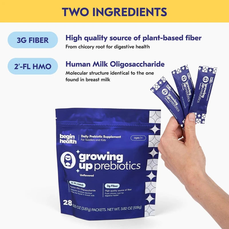 Begin Health Daily Growing Up Prebiotics 28-Pack - Kids Digestion Powder, for Constipation Prone Kiddos | Softens Stool for Easy Pooping | Fiber Rich w/Chicory Root, Tasteless & Textureless