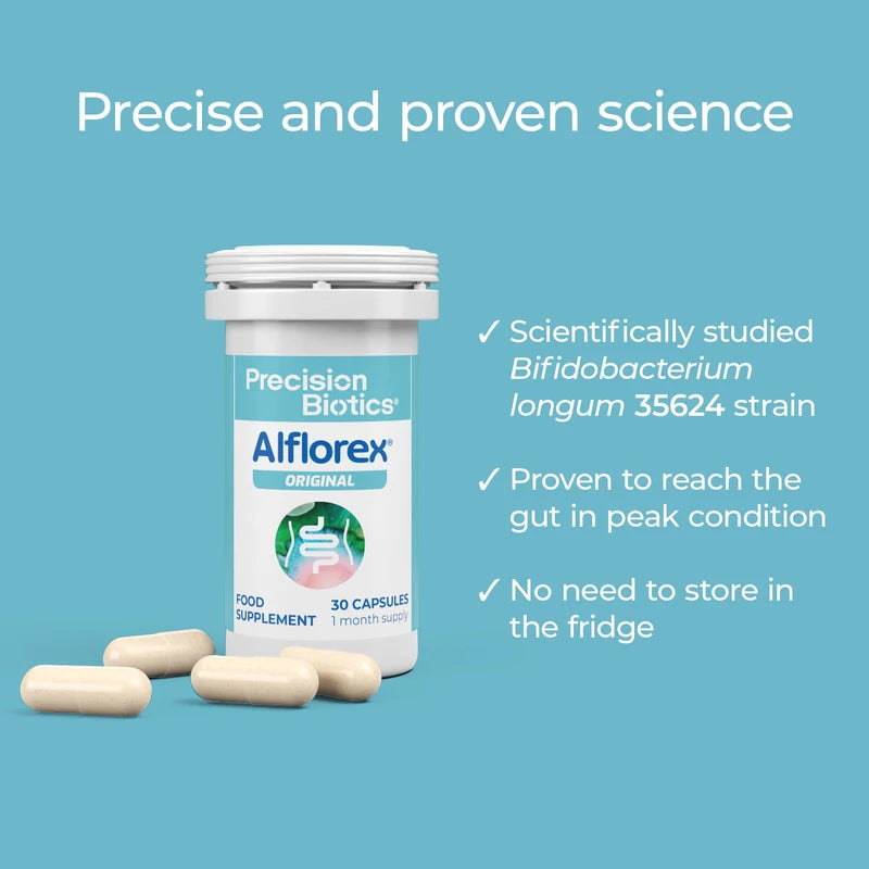 PrecisionBiotics Alflorex Original - Daily Gut Health Probiotics Supplement with Unique Bifidobacterium Longum Bacteria Strain 35624 - Bacterial Cultures - 30 Capsules