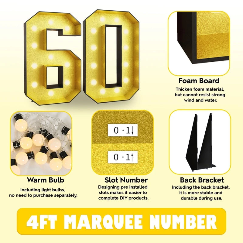 4FT Marquee 60 Numbers, Light Up 60 Glitter Gold Giant Marquee Mosaic Numbers Frame Light Up Numbers for 60th Birthday Party Decorations Mosaic Number 4,DIY Frame Pre-Cut Foam Board Kit