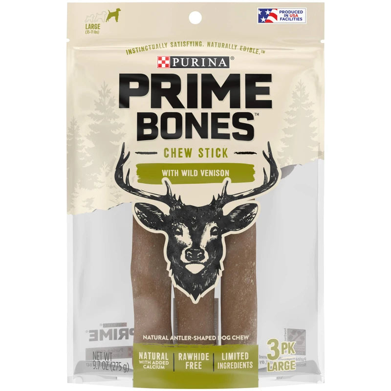Purina Prime Bones Made in USA Facilities Limited Ingredient Natural Large Dog Treats, Chew Stick with Wild Venison - 3 ct. Pouch